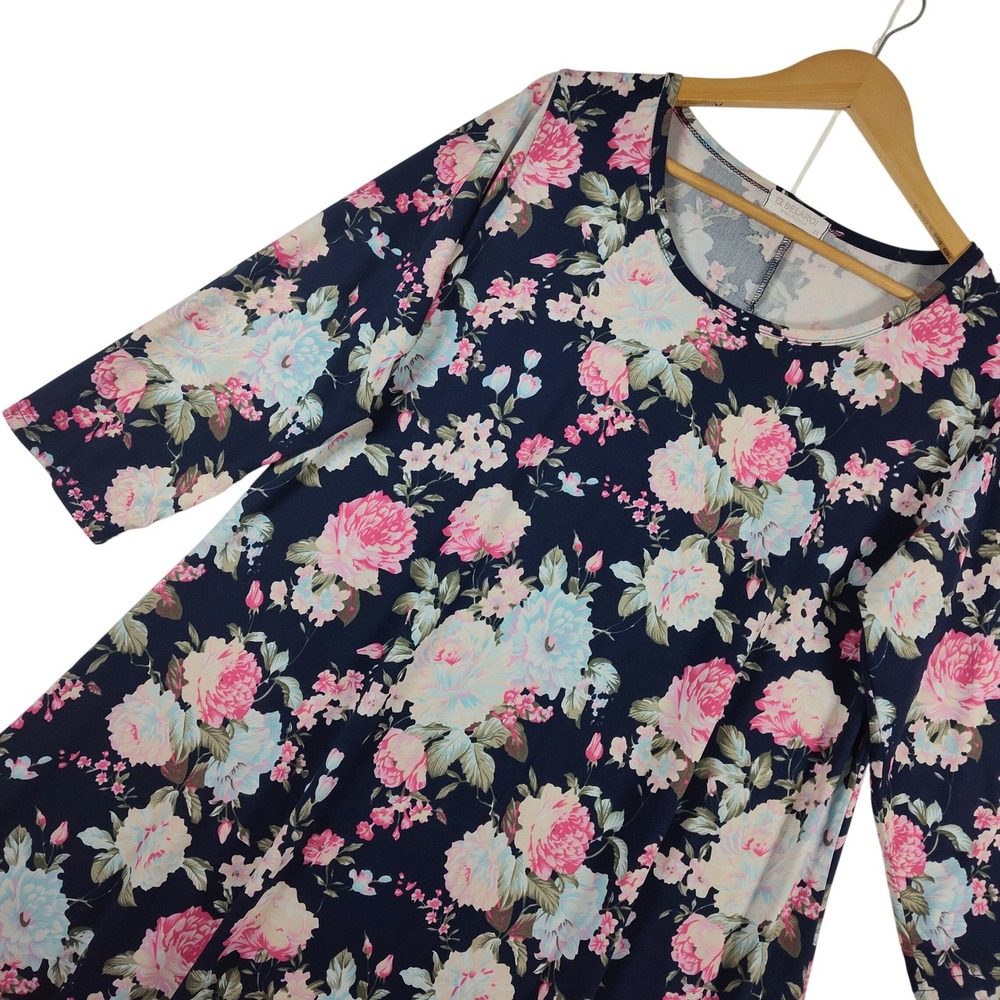 Belaroi Womens 2X Navy Blue Floral Print 3/4 Sleeve High Low Swing Dress